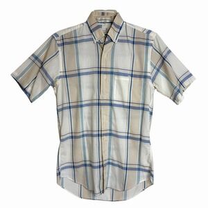 Vintage Christian Dior Plaid Button Down Shirt Mens S Blue Tan Short Sleeve
